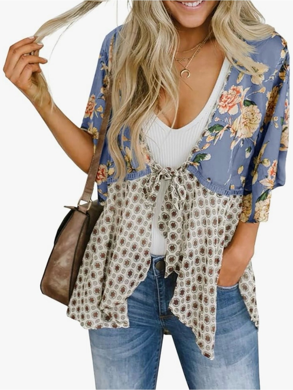 Floral Mixed-Print Tie-Front Kimono Size large 
NEW never worn